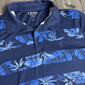 IZOD GOLF Polo With Stretch Mens L Blue Hawaiian Floral Performance‎ Shirt